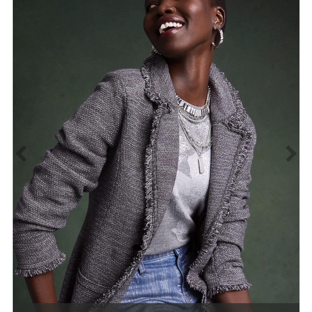 Chico's Jacket Blazer Black & White Metallic Tweed Boucle Knit Fringe W/ Pockets